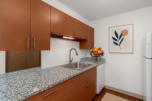 A kitchen with brown cabinets and a granite countertop.