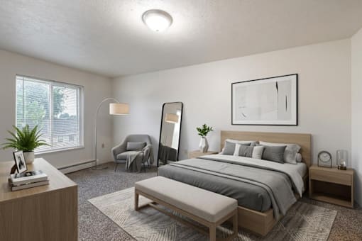 A well-lit bedroom with a large bed, a chair, a mirror, and a nightstand.