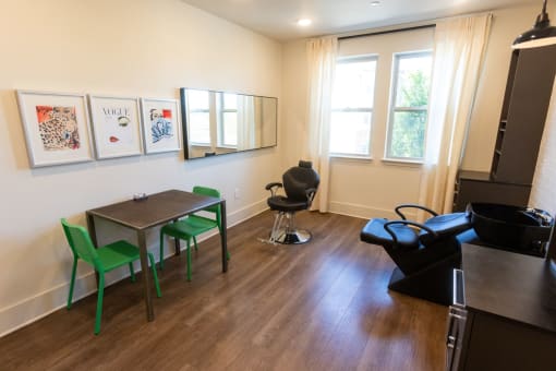 a living room with a table and chairs and a couch