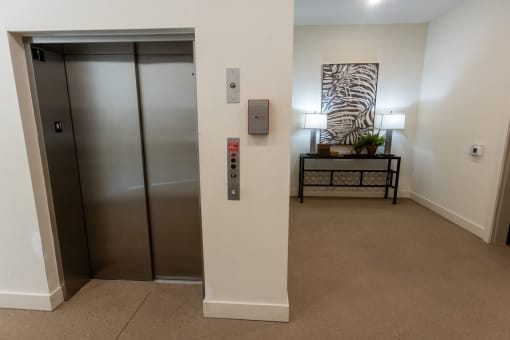 a hallway with two elevators and a table with a plant