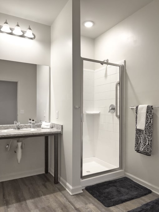 a bathroom with a shower stall and a sink