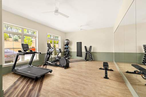 A room with a treadmill, exercise bike, and other workout equipment.