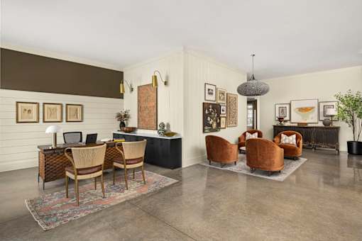 A living room with a brown chair and a grey rug.