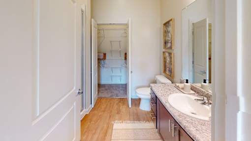 A bathroom with a toilet, sink, and mirror.