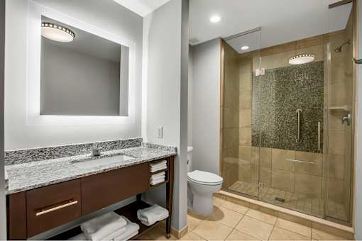 A bathroom with a sink, mirror, toilet, and shower.