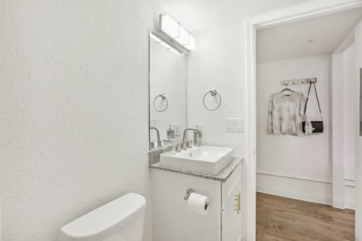 a bathroom with a sink and a mirror and a toilet