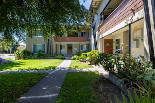 A residential area with a house and a walkway.