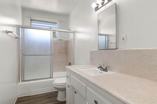 A bathroom with a toilet, sink, and a shower with a glass door.