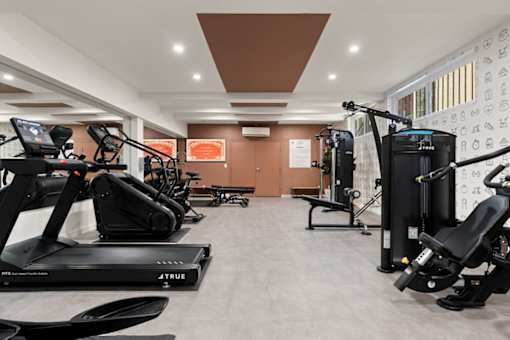 A gym with treadmills and exercise equipment.