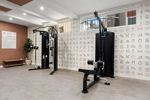 A gym with a wall of exercise icons and a row of exercise machines.