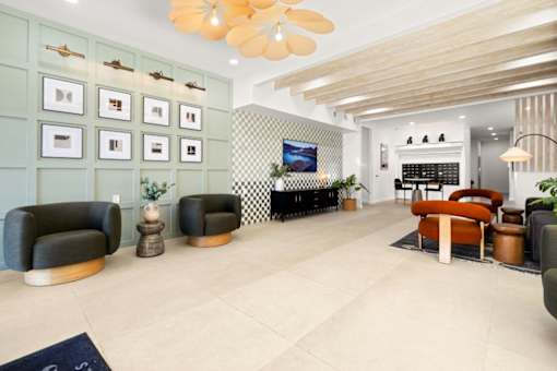 Lobby and Mailboxes with Seating at White Oak Terrace Apartments, California, 91316