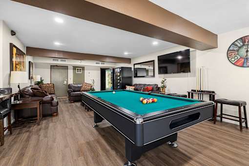 Recreation Room Pool Table at Lombardi Apartments, Woodland Hills, CA, 91367