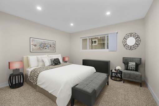 a bedroom with a bed and a window at Lombardi Apartments, Woodland Hills, CA, 91367