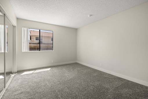 A room with a carpeted floor and a window.