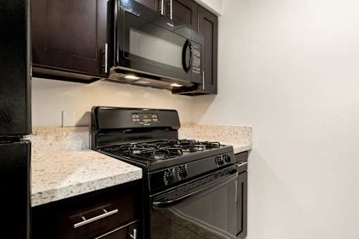 A black stove top oven with a microwave above it.