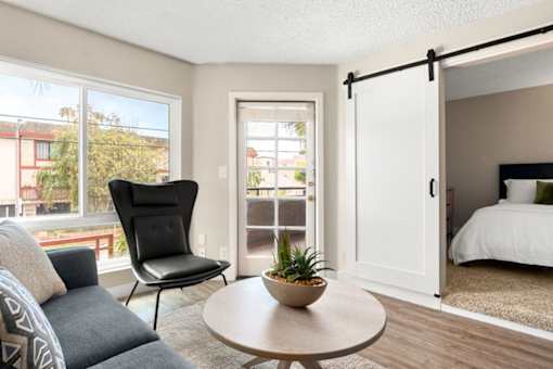 A living room with a black chair and a small table with a plant on it.