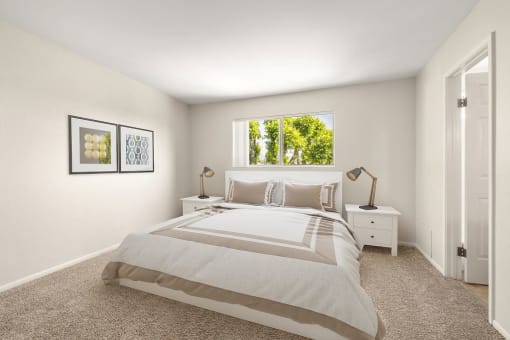 Apartments in West Hills, CA for Rent - Topanga - Bedroom with Carpeting, Full-Size Bed, and Night Stands.