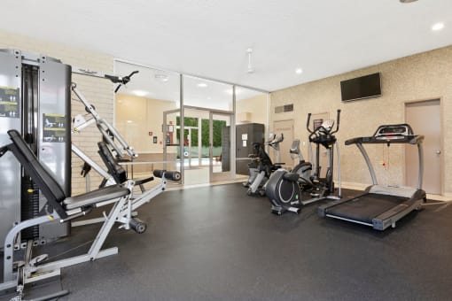 Pet-Friendly Apartments in Encino, CA - White Oak Terrace - Fully Equipped Gym, Padded Floorings, Floor-to-Ceiling Windows, and Mounted Television