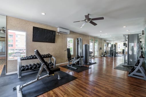 Spacious Fitness Center with Mirrors and Fans and includes Treadmill and Elliptical Machines at The Reserve at Warner Center, Woodland Hills, CA