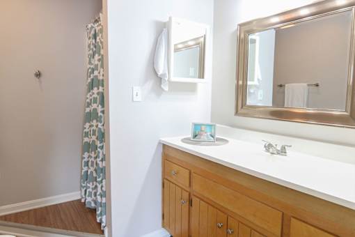 A bathroom with a white sink and a mirror above it.