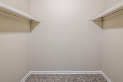 A room with a carpeted floor and two shelves.