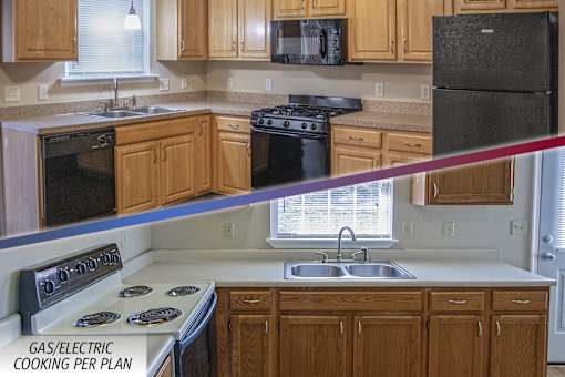 A kitchen with a black refrigerator and a white stove top oven.