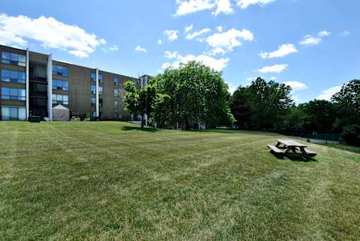 A large grassy field with a picnic table and apartment buildings in the background.