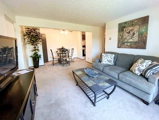 Model Living Room at Condor Garden Apartments, Elyria, OH, Ohio