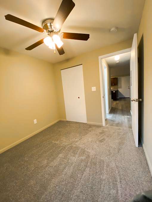 a bedroom with a ceiling fan and a carpeted floor