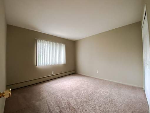 an empty bedroom with carpet and a window