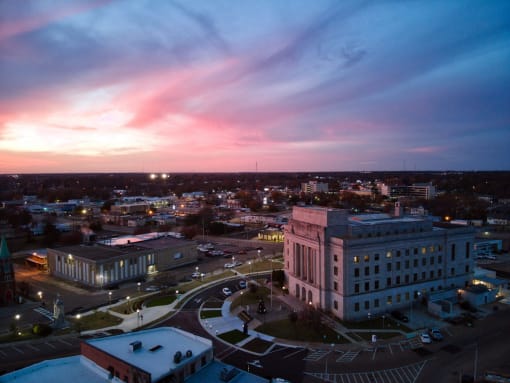 a view of the city at sunset