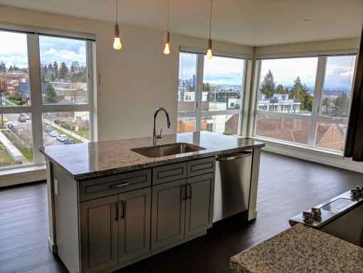 Kitchen with large windows at AJ, Seattle