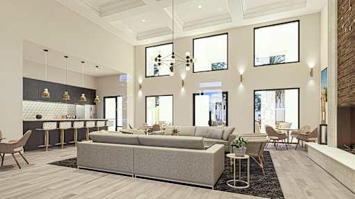 a rendering of a clubhouse with a couch and a kitchen
