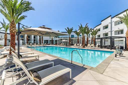 A pool surrounded by palm trees and lounge chairs.