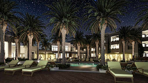 a rendering of a apartment pool at night with palm trees