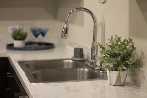 a kitchen sink with a plant next to it at The Crossings at Redlands, California