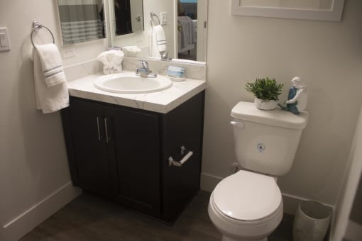 a small bathroom with a toilet sink and mirror at The Crossings at Redlands, California