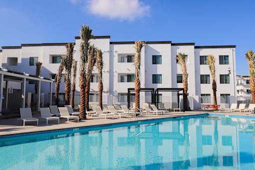 A pool in front of a white building with palm trees.