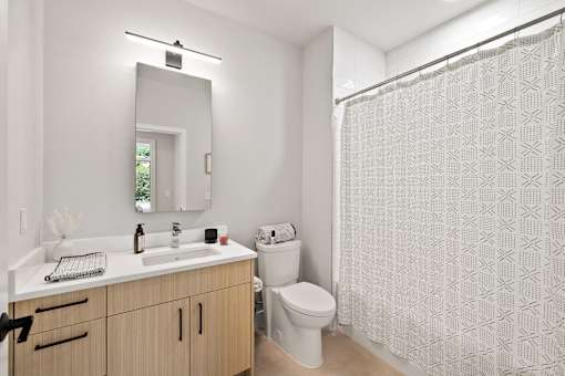 a bathroom with a shower toilet and sink and a mirror