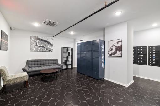a living room with a couch and a blue locker
