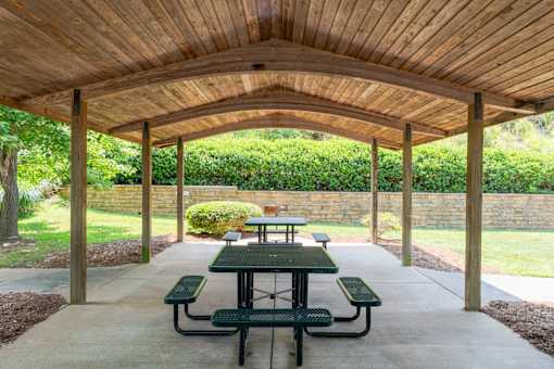Picnic tables under a wooden pavilion.at Greylin Ridge Apartments, North Carolina