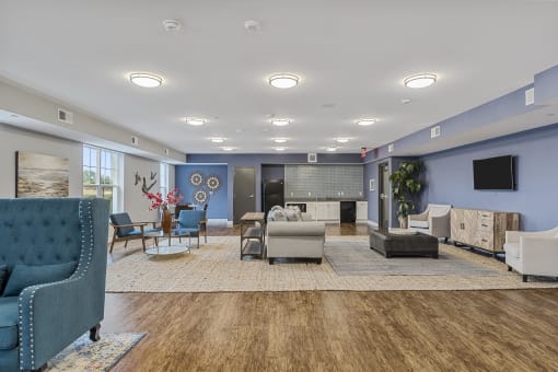 a living room with blue walls and furniture and a tv