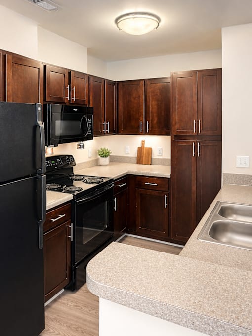 A kitchen with black appliances and wooden cabinets.