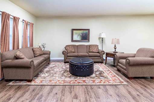 A living room with brown furniture and a rug. at The Shire Apartments, Chesapeake