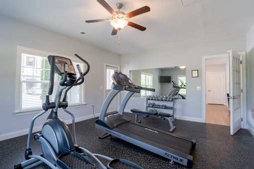 Gym with cardio machines and weights at Westridge, South Carolina, 29617
