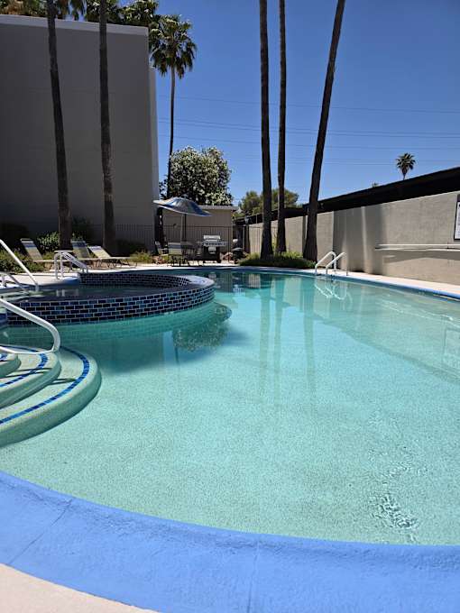 A pool with a blue tiled edge and a metal ladder.