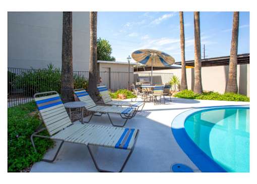 A pool with a blue and white striped sun lounger.