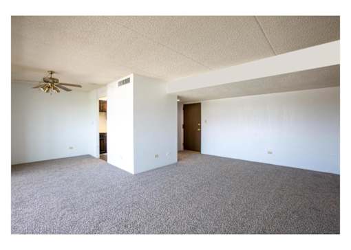A room with a ceiling fan and carpeted floor.