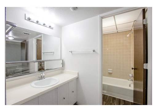 A bathroom with a sink, mirror, and bathtub.