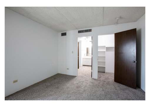 A room with a carpeted floor and a brown door.